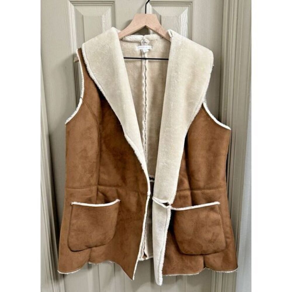 Westport 1962 Brown Faux Fur & Suede Vest Women's 1X XL‎ Open Front Fall Warm